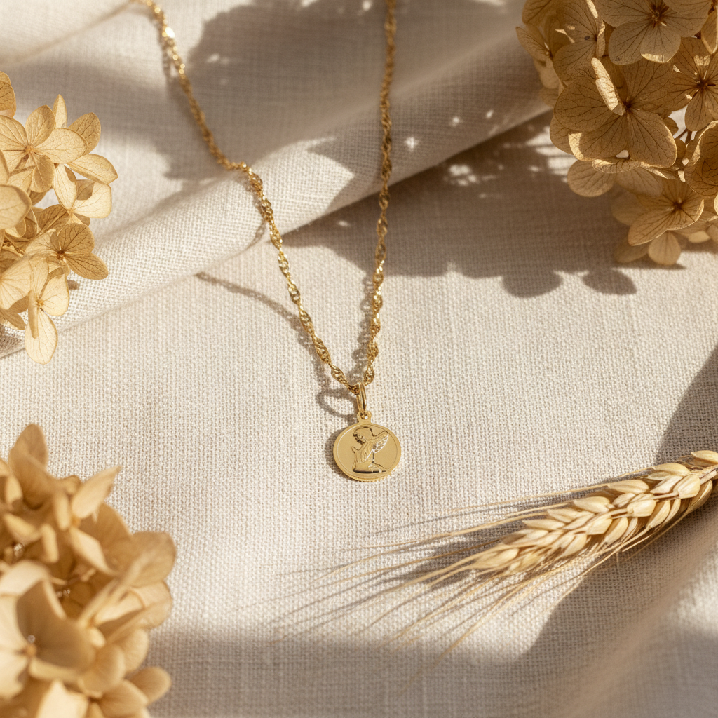 Zlatý přívěsek Modlící se andělíček Ø 13mm (585/1000, 0,46 g)